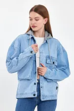 Unisex Pamuklu Büyük Cepli Oversize Kapüşonlu Kot Ceket