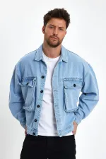 Veste en jean unisexe en coton avec col polo oversize et grandes poches
