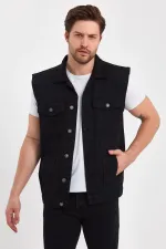 Gilet en jean à col polo imprimé texte pour homme