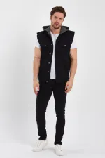 Erkek Yazı Baskılı Kapüşonlu Kot Yelek