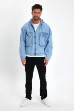 Unisex Pamuklu Büyük Cepli Oversize Kapüşonlu Kot Ceket