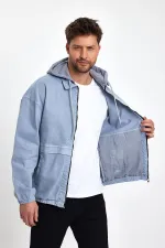 Veste en jean à capuche zippée en coton pour homme