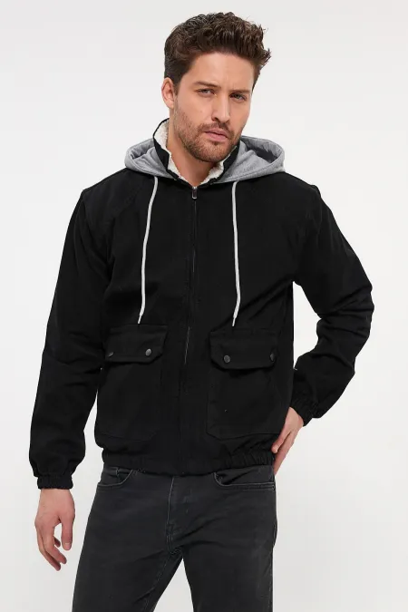 Veste en jean à capuche zippée en coton pour homme avec doublure en fourrure