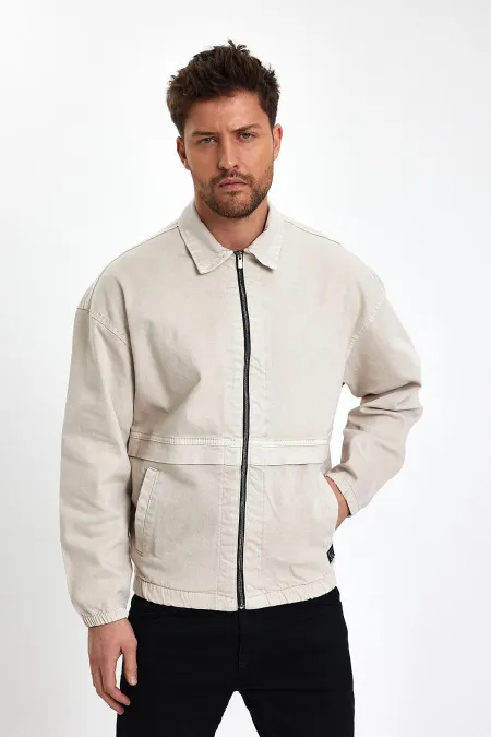 Veste en jean à col polo zippé en coton pour homme