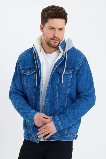 Veste en jean à capuche en coton pour homme avec doublure en fourrure