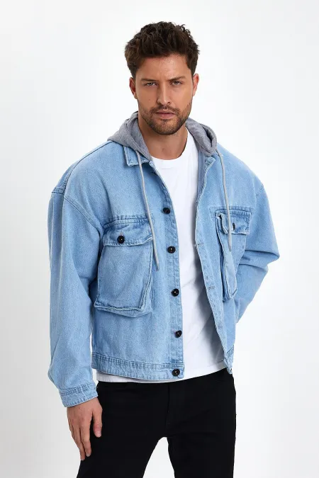 Veste en jean unisexe à capuche oversize en coton avec grandes poches