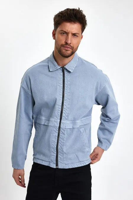 Veste en jean à col polo zippé en coton pour homme