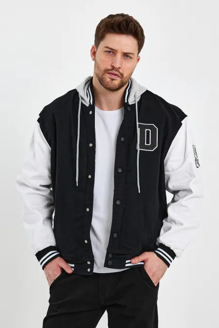 Veste universitaire en jean à capuche en coton et doublure en fourrure pour homme