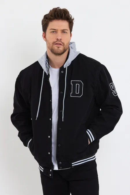 Veste universitaire en jean à capuche en coton et doublure en fourrure pour homme