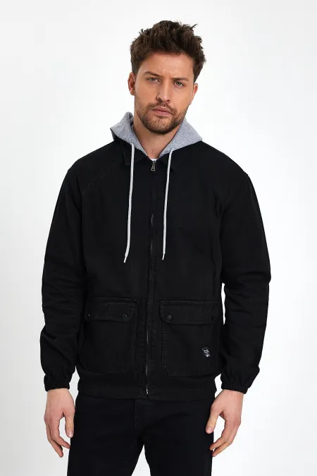 Veste en jean à capuche unisexe en coton avec col polo zippé