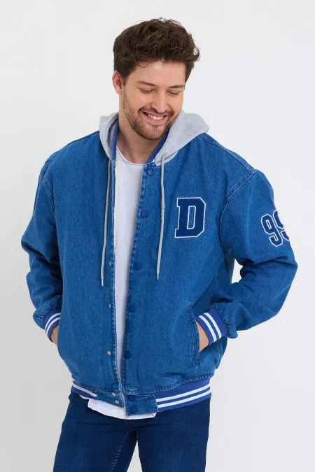 Veste universitaire en jean à capuche en coton et doublure en fourrure pour homme