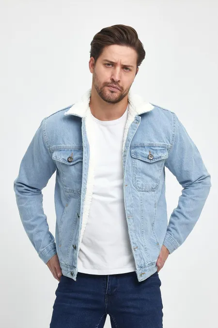 Veste en jean à col polo en coton pour homme avec doublure en fourrure