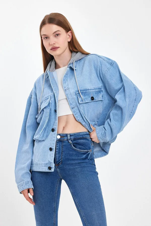 Unisex Pamuklu Büyük Cepli Oversize Kapüşonlu Kot Ceket