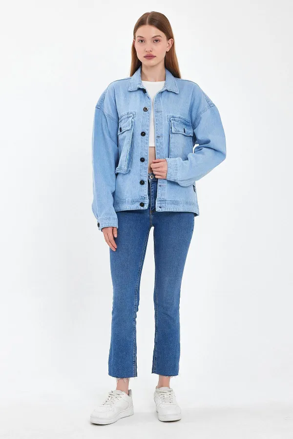 Veste en jean unisexe en coton avec col polo oversize et grandes poches