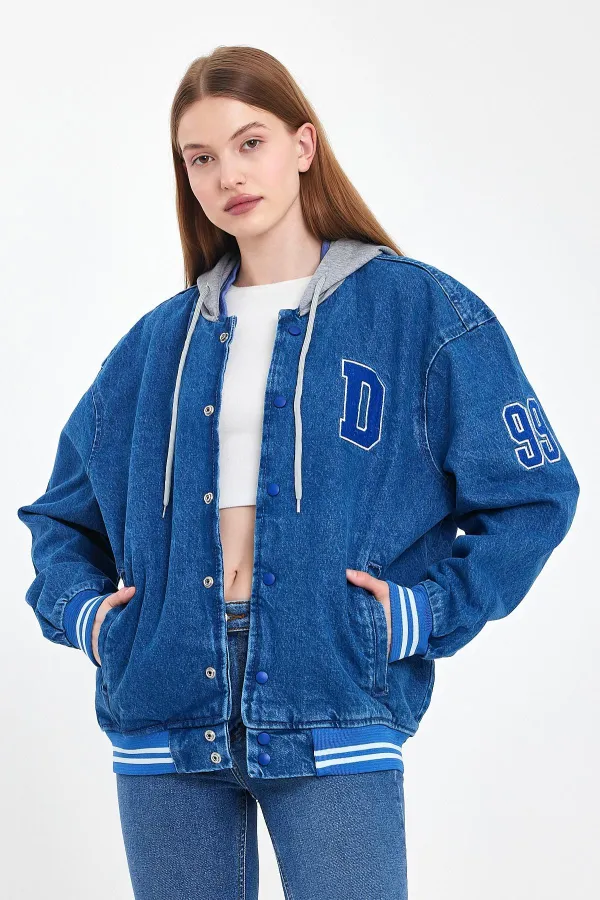 Unisex Pamuklu Kapüşonlu Oversize Kot Kolej Ceket