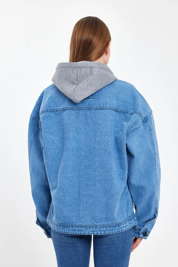 Unisex Pamuklu Büyük Cepli Oversize Kapüşonlu Kot Ceket