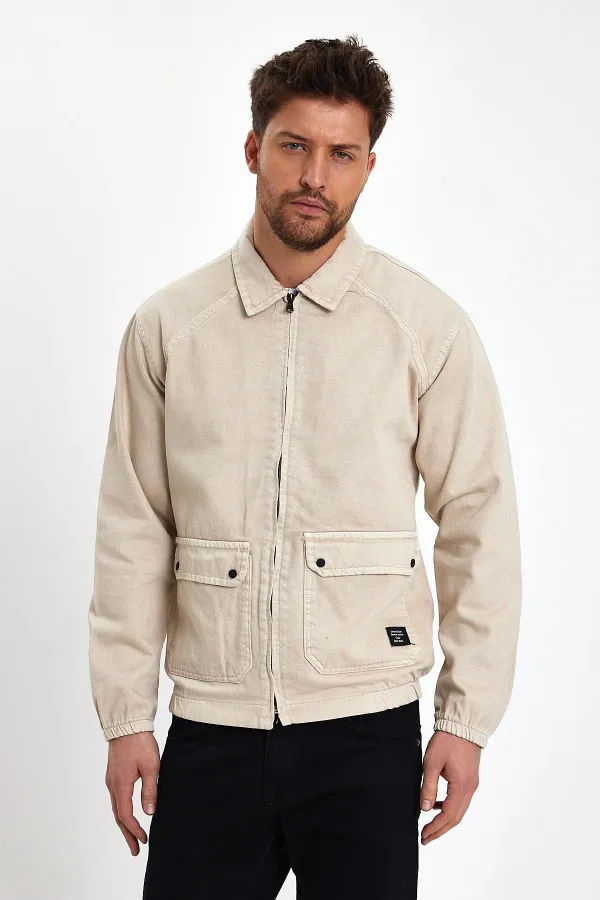 Veste en jean unisexe en coton à col polo zippé