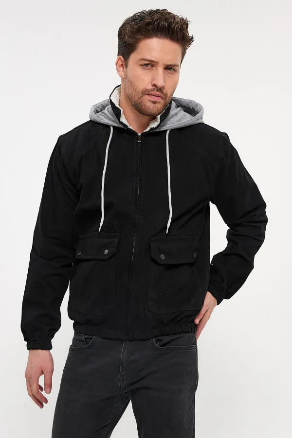 Veste en jean à capuche zippée en coton pour homme avec doublure en fourrure