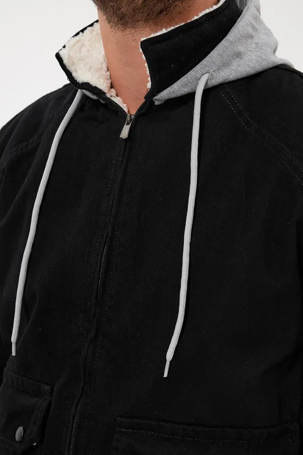 Veste en jean à capuche zippée en coton pour homme avec doublure en fourrure