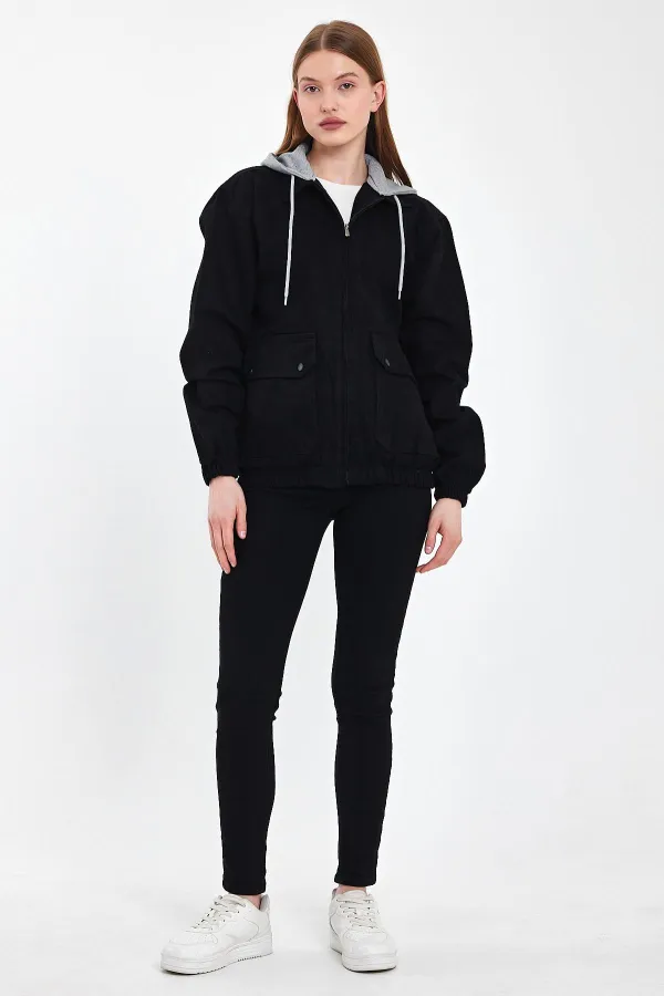 Veste en jean à capuche unisexe en coton avec col polo zippé