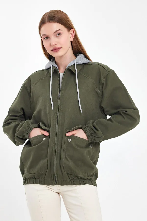 Unisex Pamuklu Fermuarlı Polo Yaka Kapüşonlu Kot Ceket