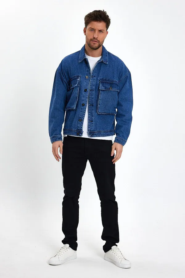 Unisex Pamuklu Büyük Cepli Oversize Polo Yaka Kot Ceket