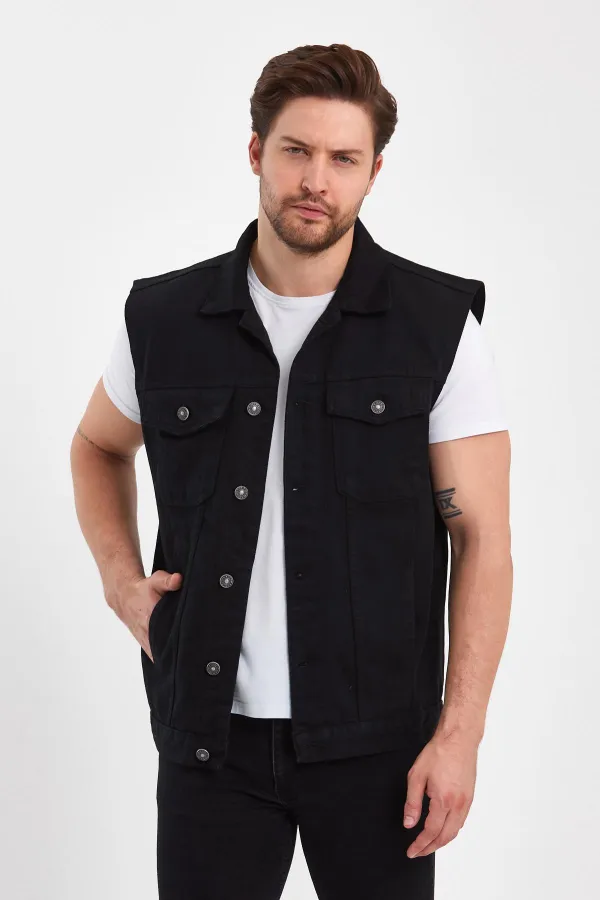 Gilet en jean à col polo imprimé texte pour homme