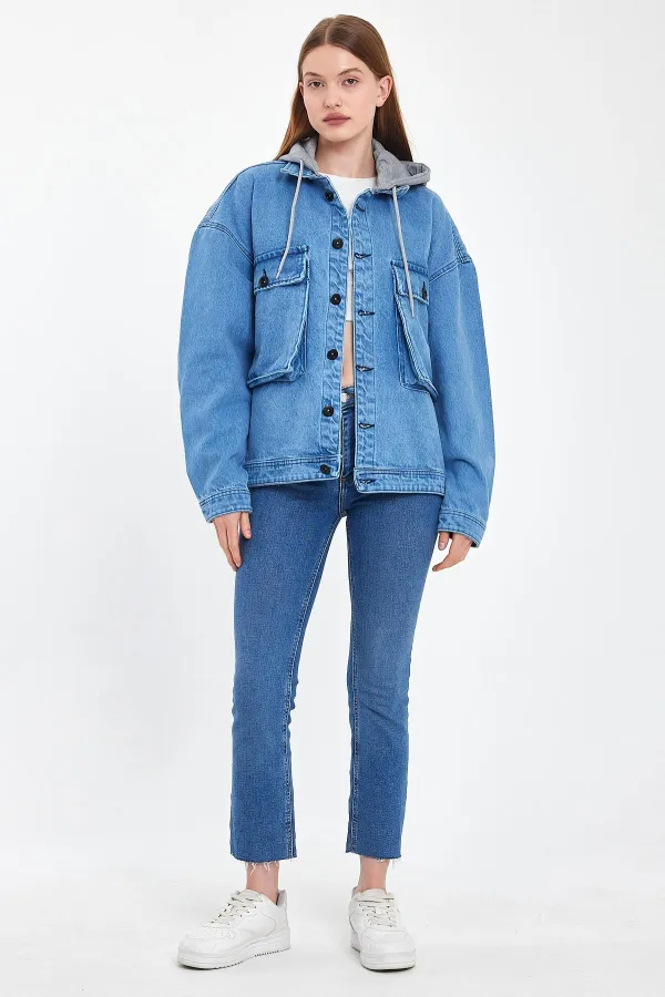 Unisex Pamuklu Büyük Cepli Oversize Kapüşonlu Kot Ceket