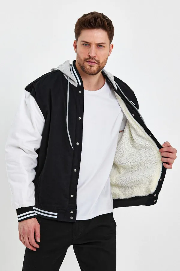 Erkek Pamuklu Kapüşonlu İçi Kürklü Kot Kolej Ceket