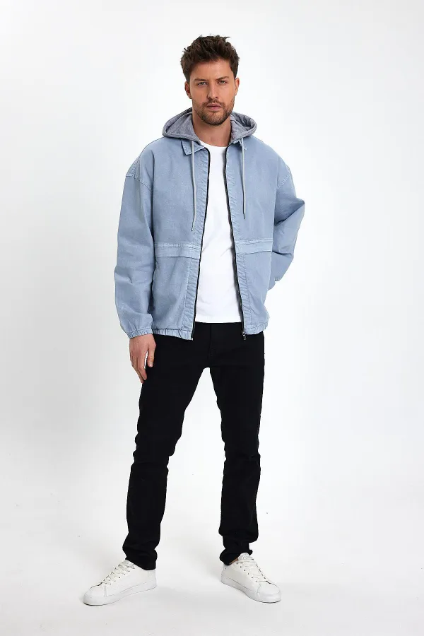 Veste en jean à capuche zippée en coton pour homme