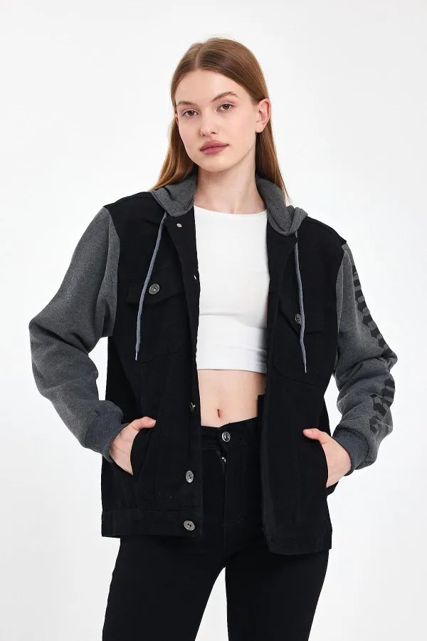 Unisex Pamuklu Yazı Baskılı Kapüşonlu Kot Ceket