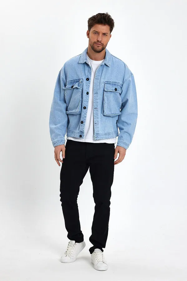 Veste en jean unisexe en coton avec col polo oversize et grandes poches