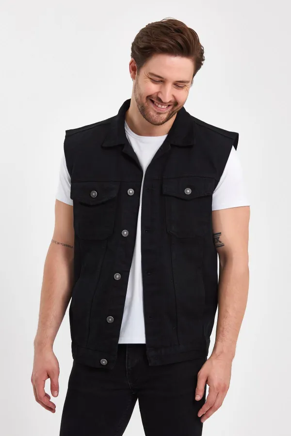 Gilet en jean à col polo imprimé texte pour homme