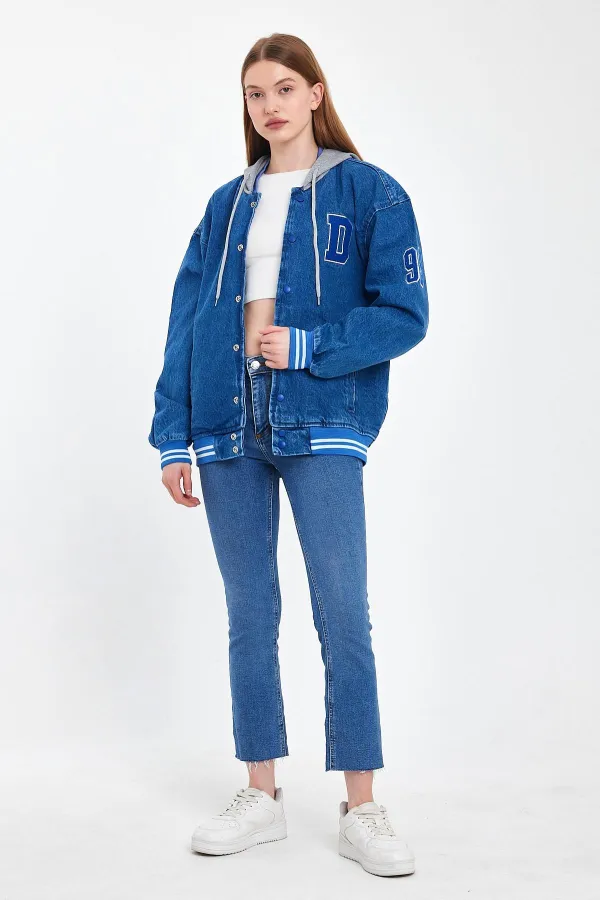 Unisex Pamuklu Kapüşonlu Oversize Kot Kolej Ceket