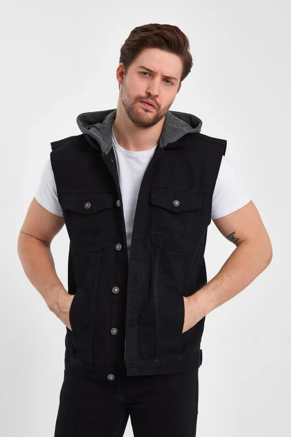 Erkek Yazı Baskılı Kapüşonlu Kot Yelek