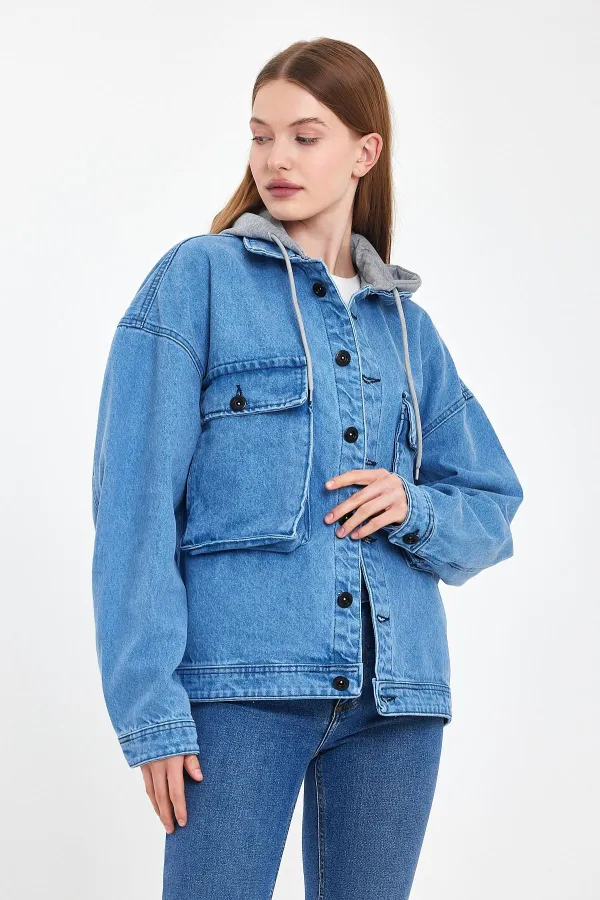 Unisex Pamuklu Büyük Cepli Oversize Kapüşonlu Kot Ceket