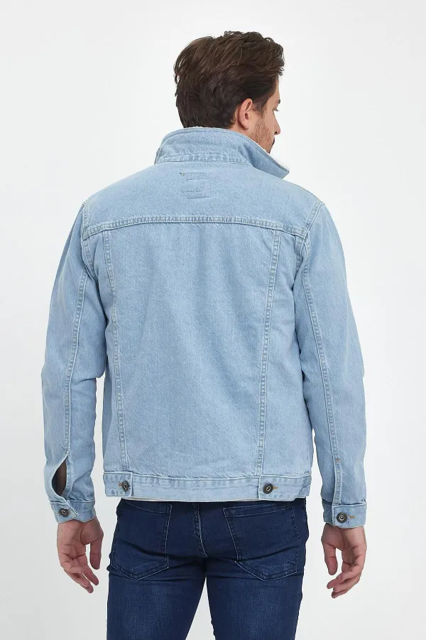 Veste en jean à col polo en coton pour homme avec doublure en fourrure