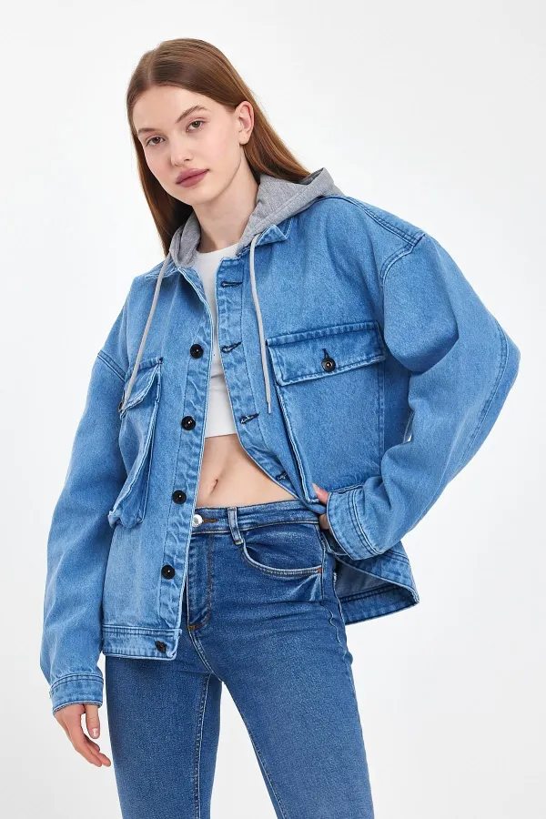 Unisex Pamuklu Büyük Cepli Oversize Kapüşonlu Kot Ceket