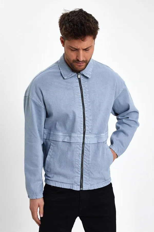 Veste en jean à col polo zippé en coton pour homme
