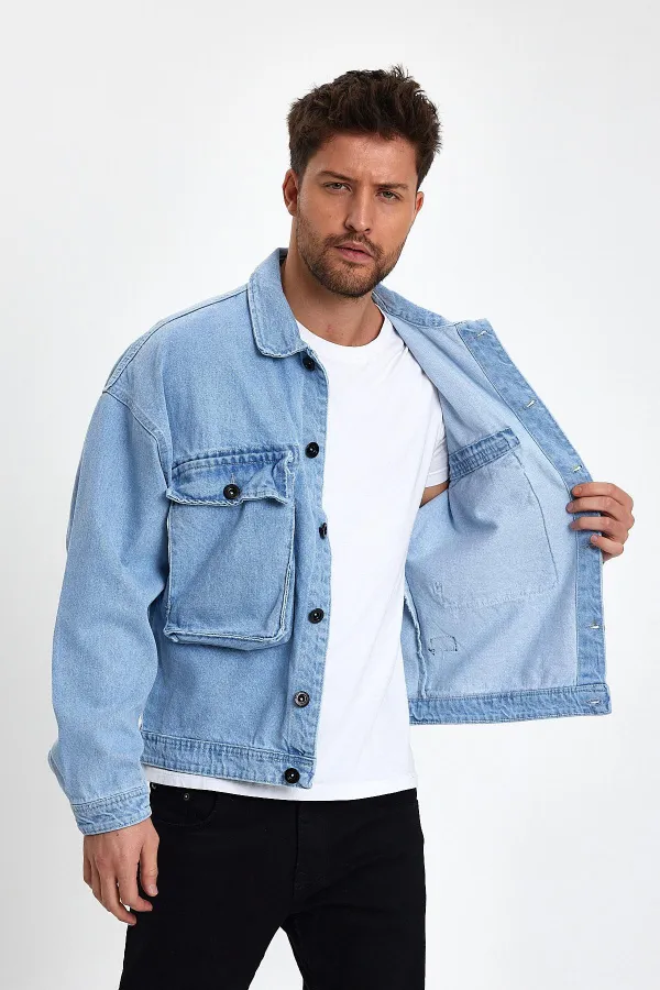 Veste en jean unisexe en coton avec col polo oversize et grandes poches