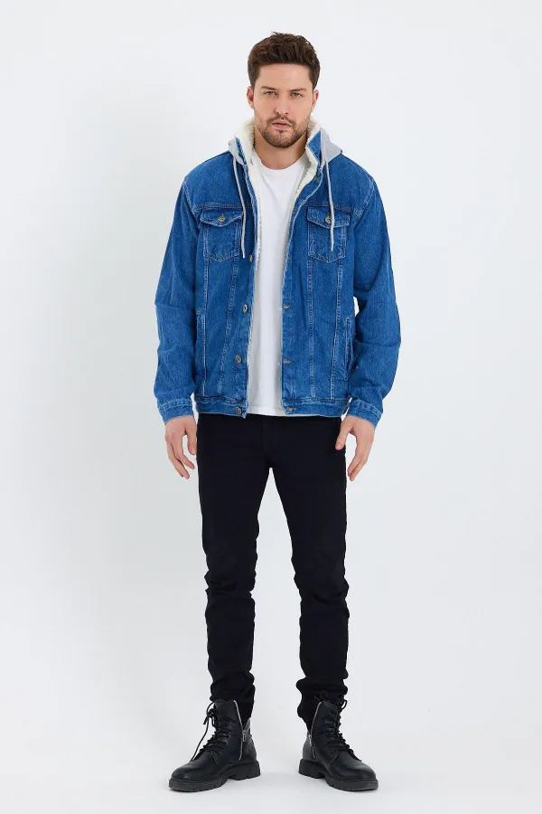 Erkek Pamuklu Kapüşonlu İçi Kürklü Kot Ceket