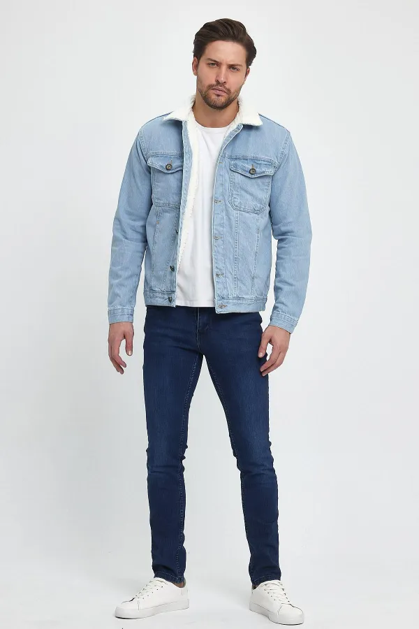 Veste en jean à col polo en coton pour homme avec doublure en fourrure