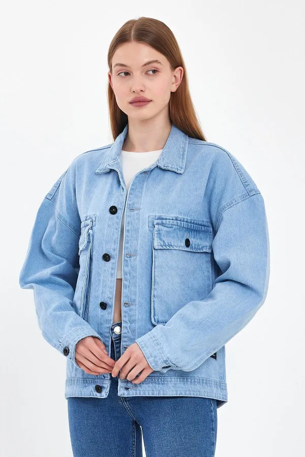 Veste en jean unisexe en coton avec col polo oversize et grandes poches