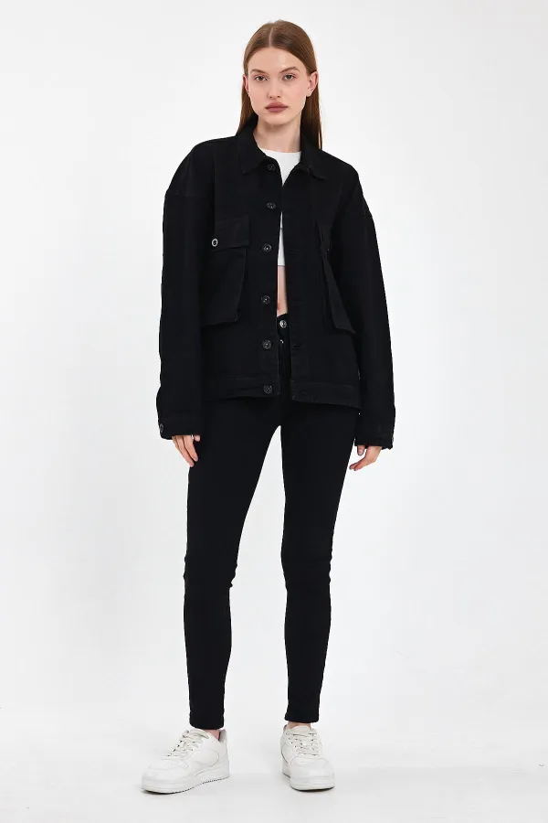 Veste en jean unisexe en coton avec col polo oversize et grandes poches