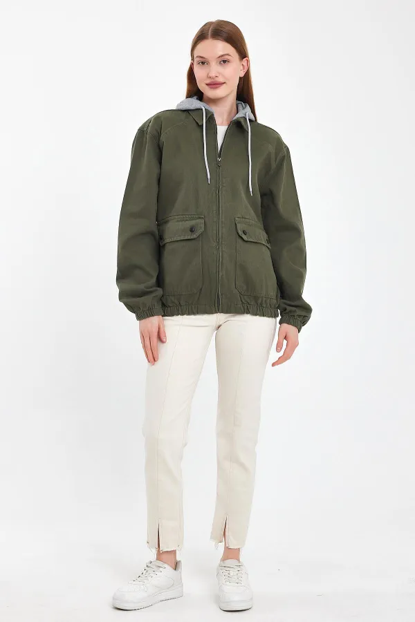 Unisex Pamuklu Fermuarlı Polo Yaka Kapüşonlu Kot Ceket