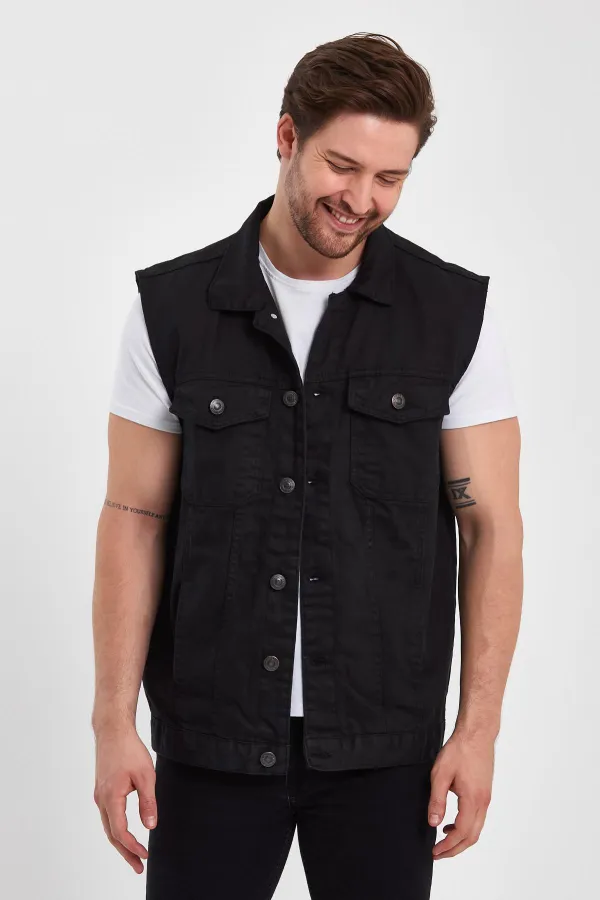Gilet en jean classique à col polo en coton pour homme