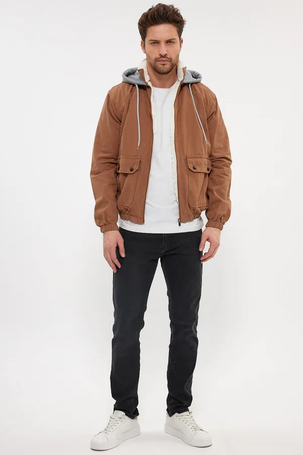 Veste en jean à capuche zippée en coton pour homme avec doublure en fourrure