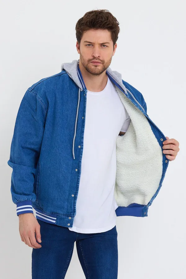 Veste universitaire en jean à capuche en coton et doublure en fourrure pour homme