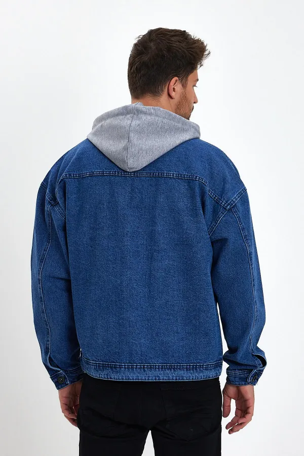 Unisex Pamuklu Büyük Cepli Oversize Kapüşonlu Kot Ceket