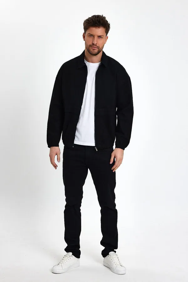 Erkek Pamuklu Fermuarlı Polo Yaka Kot Ceket